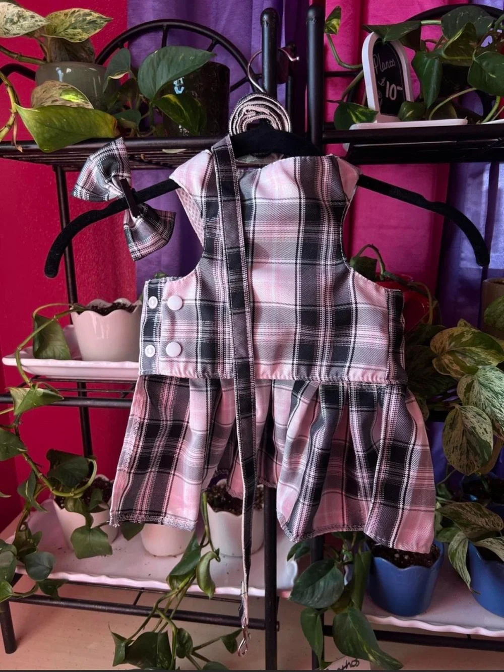 Pink & Black Plaid Pet Harness Dress with Pearl Accents & Matching Leash / Bow